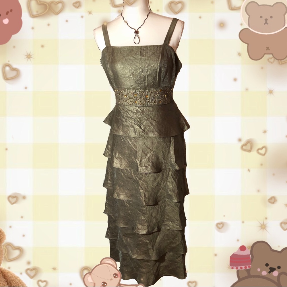 Beautiful shimmery green fairycore beaded 90s style tiered dress